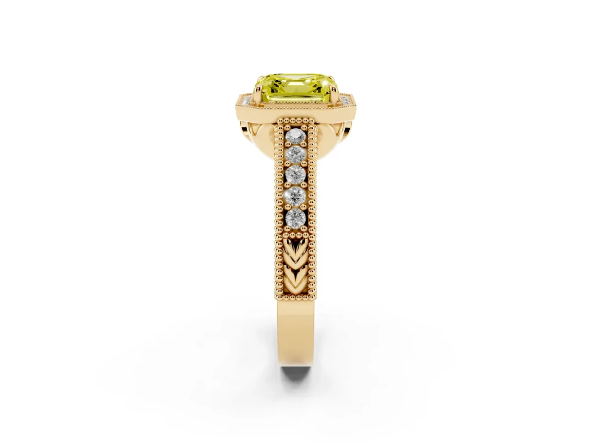 Fancy Yellow Asscher Cut Cut Halo Diamond Ring with Pavé Band and Four-Prong Setting Yellow gold