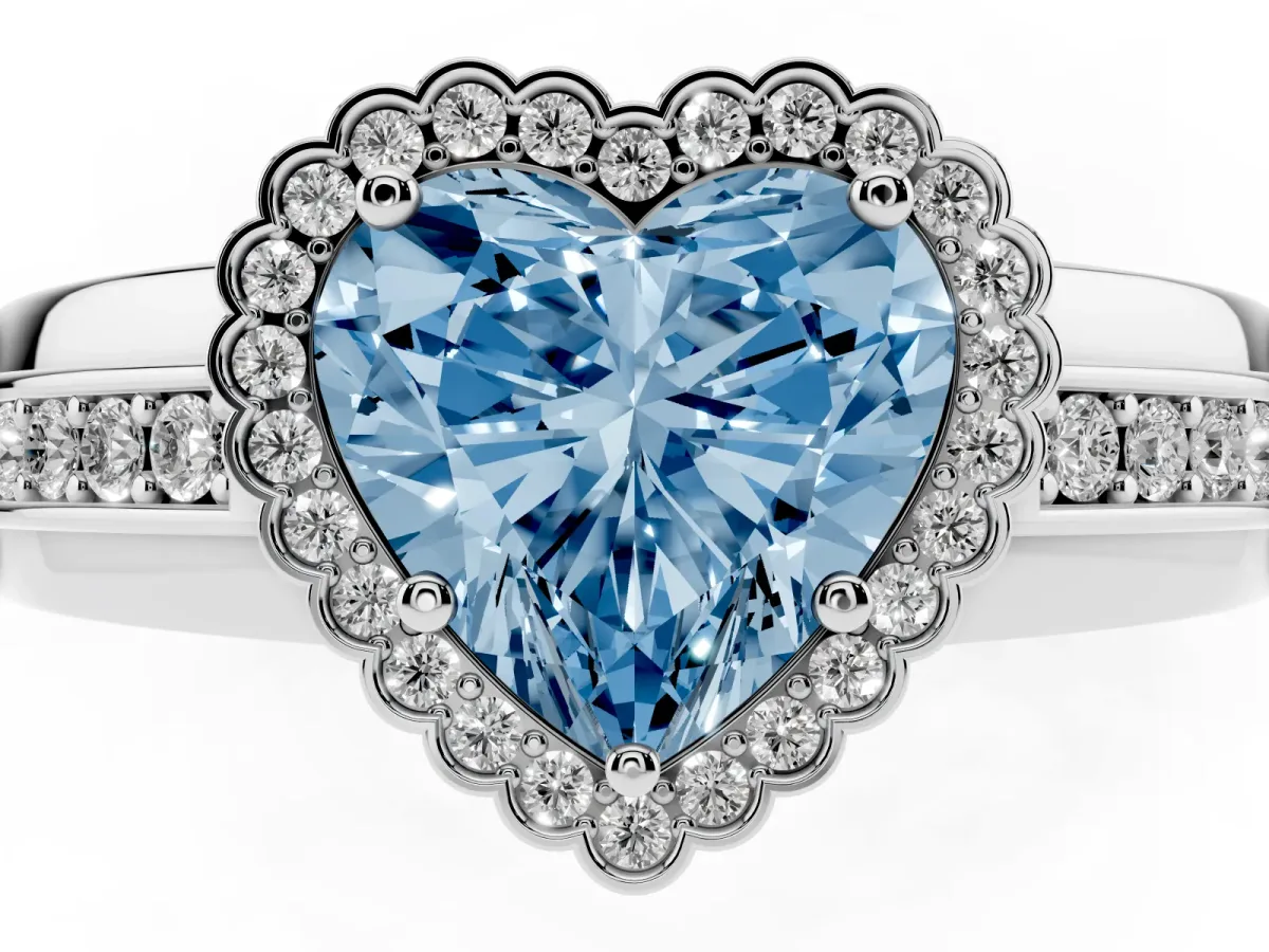 Fancy Blue Heart Cut Cut Halo Pave Band Four-Prong Ring Silver