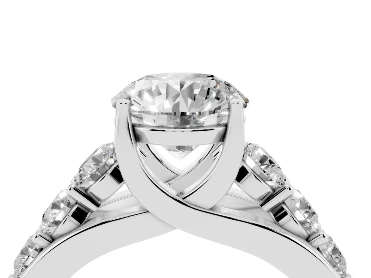 Round Cut Diamond Engagement Ring with Pavé Band and Four-Prong Setting Silver