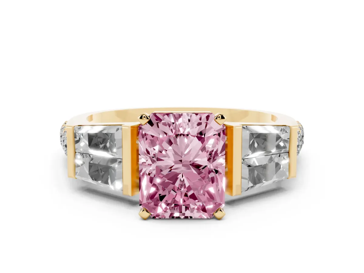 Fancy Pink Radiant Cut Diamond Engagement Ring with Baguette Side Stones and Channel Set Band Yellow gold