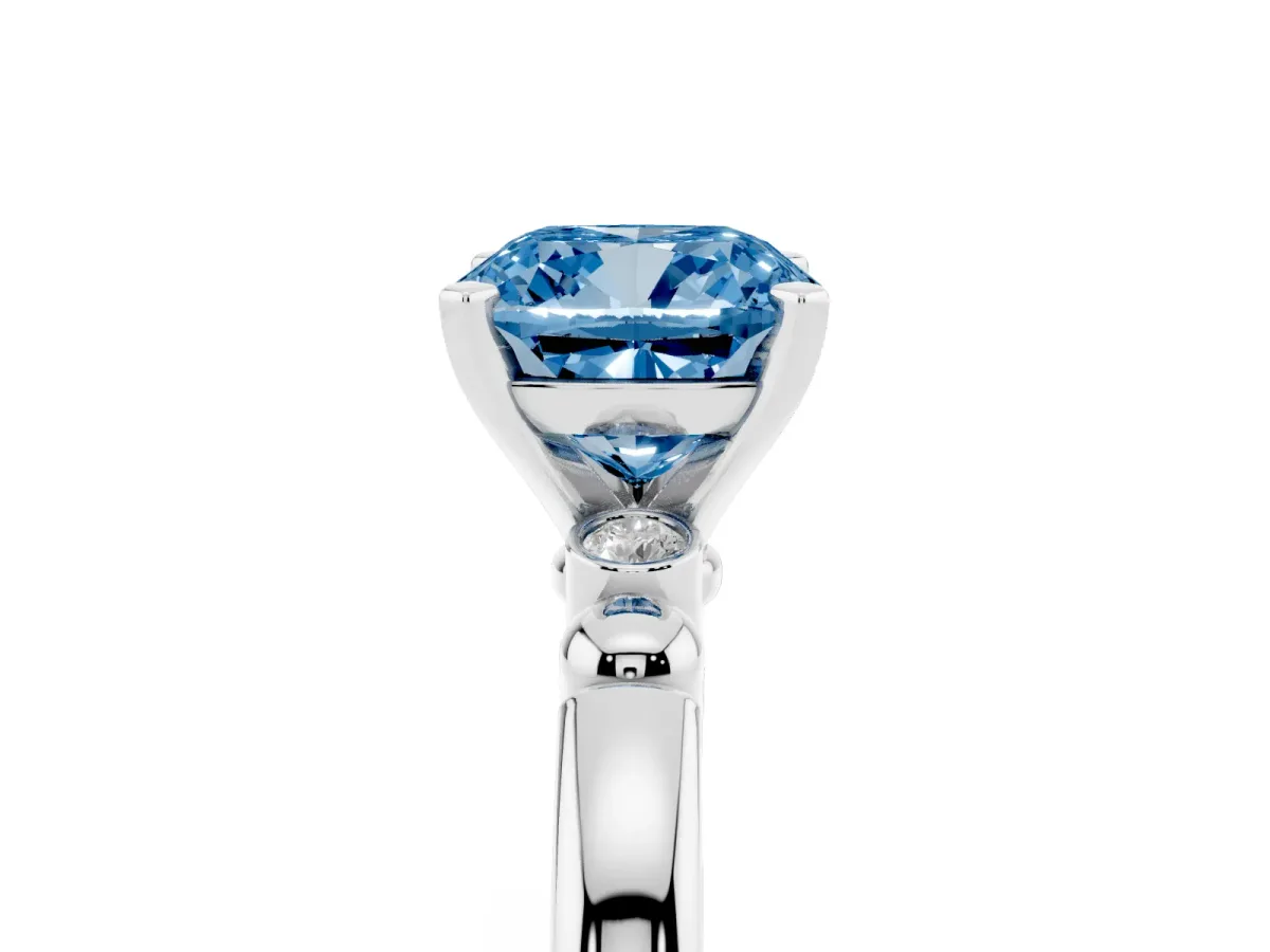 Fancy Blue Cushion Cut Solitaire Beaded Band with Four-Prong Setting White gold