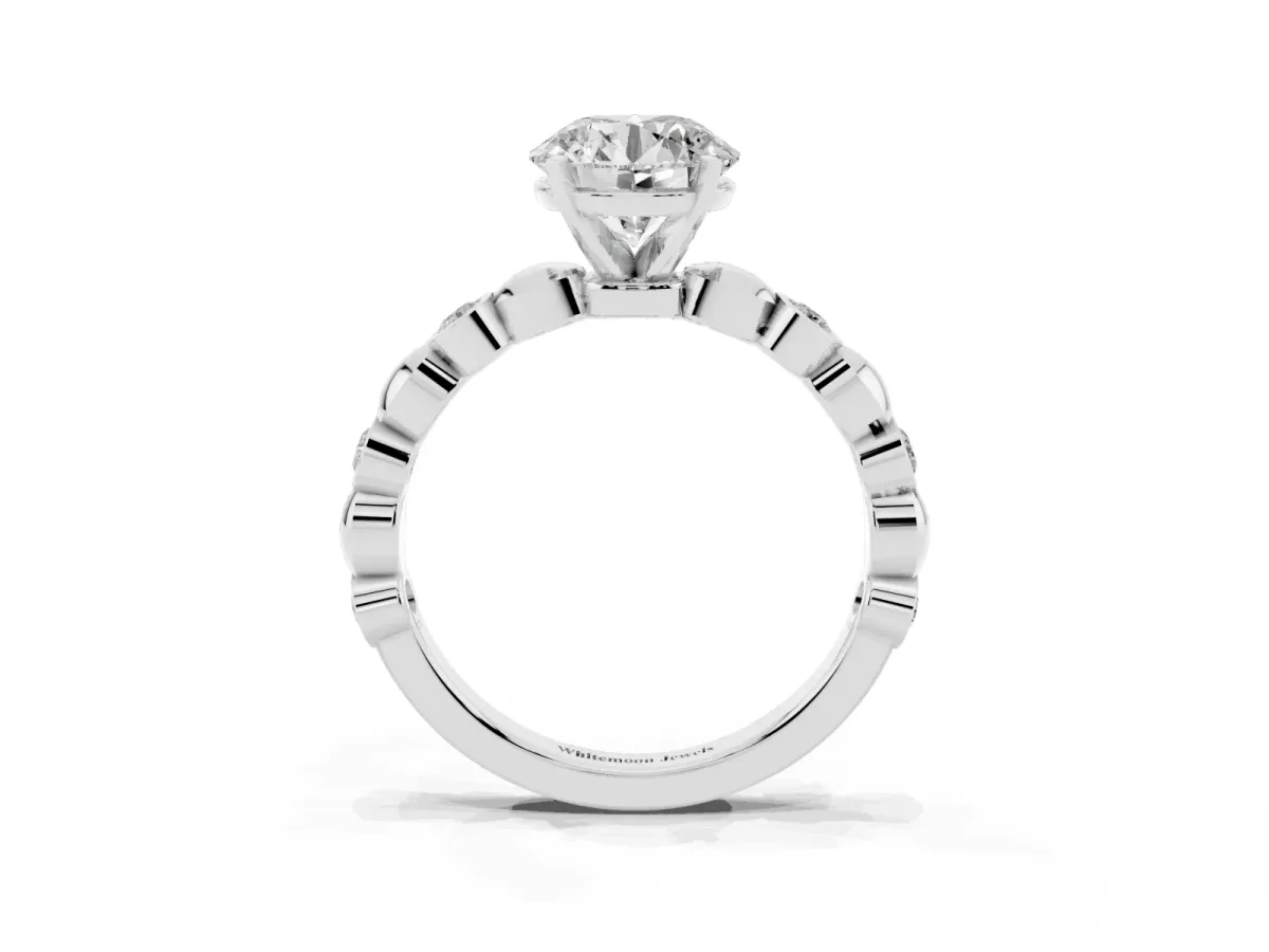 Round Cut Solitaire Bezel-Set Diamond Ring with Beaded Band and Four-Prong Setting Silver