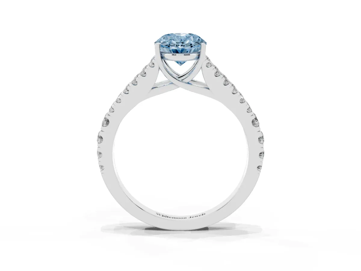 Fancy Blue Oval Cut Diamond Split Shank Engagement Ring with Round Pavé and Prong Setting Silver