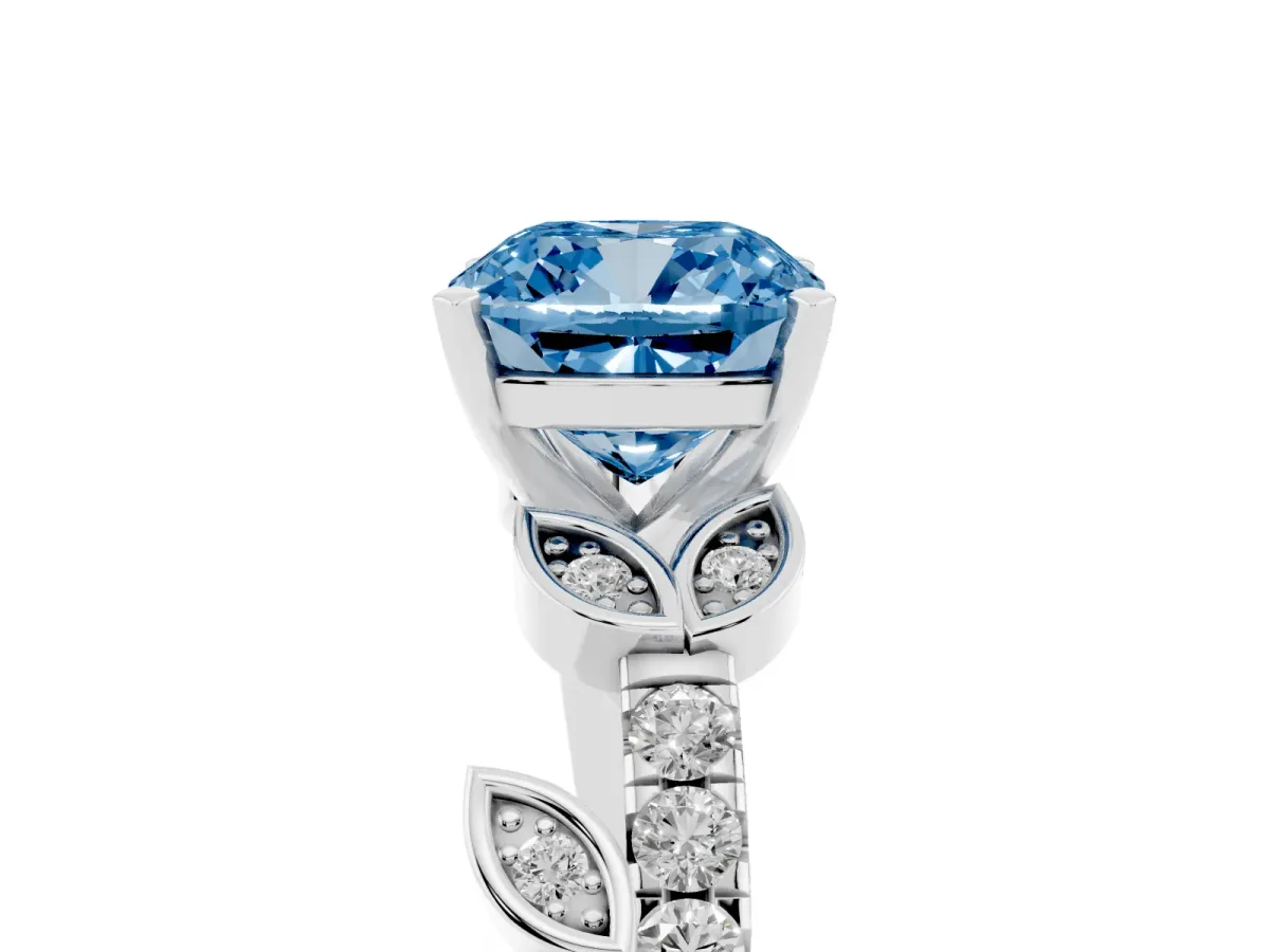 Fancy Blue Cushion Cut Solitaire Leaf-Inspired Diamond Ring with Pavé Band and Four-Prong Setting Silver