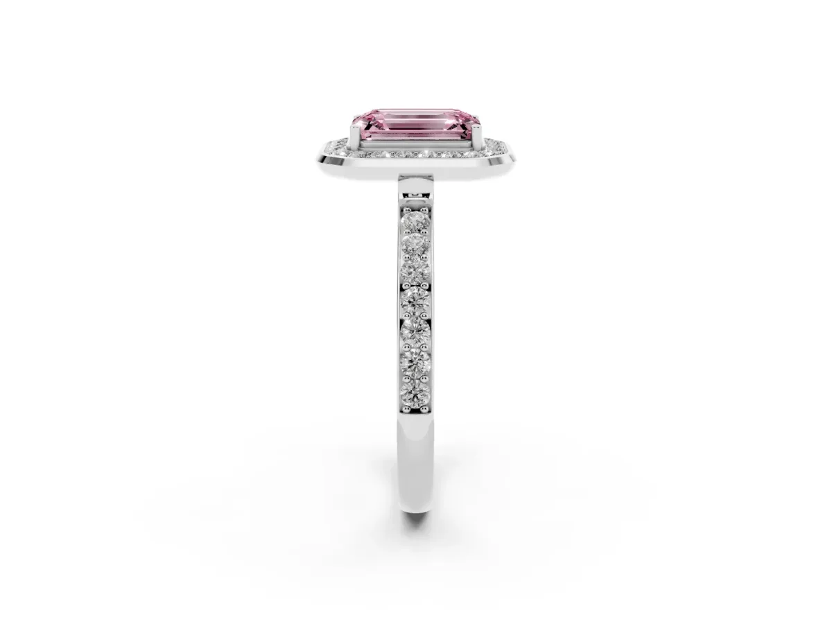 Fancy Pink Emerald Cut Diamond Halo Ring with Bezel Frame and Pavé Band Silver