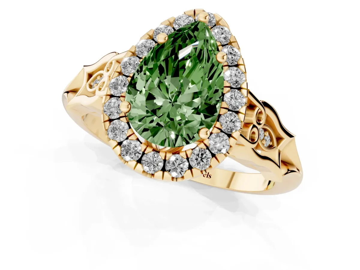 Fancy Green Pear Cut Halo Diamond Engagement Ring with Filigree Band and Four-Prong Setting Yellow gold