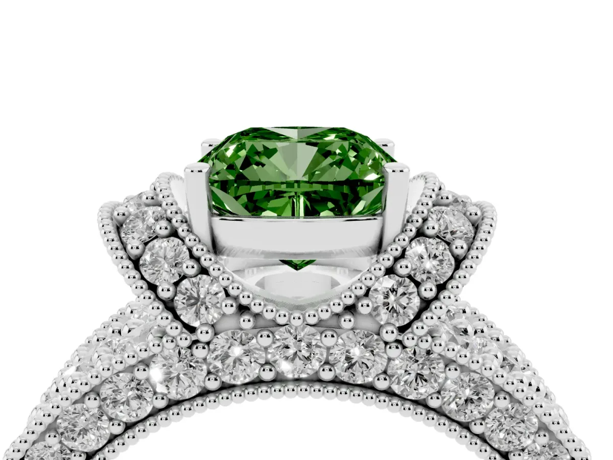 Fancy Green Cushion Cut Halo Pave Diamond Engagement Ring with Milgrain Detailing Silver