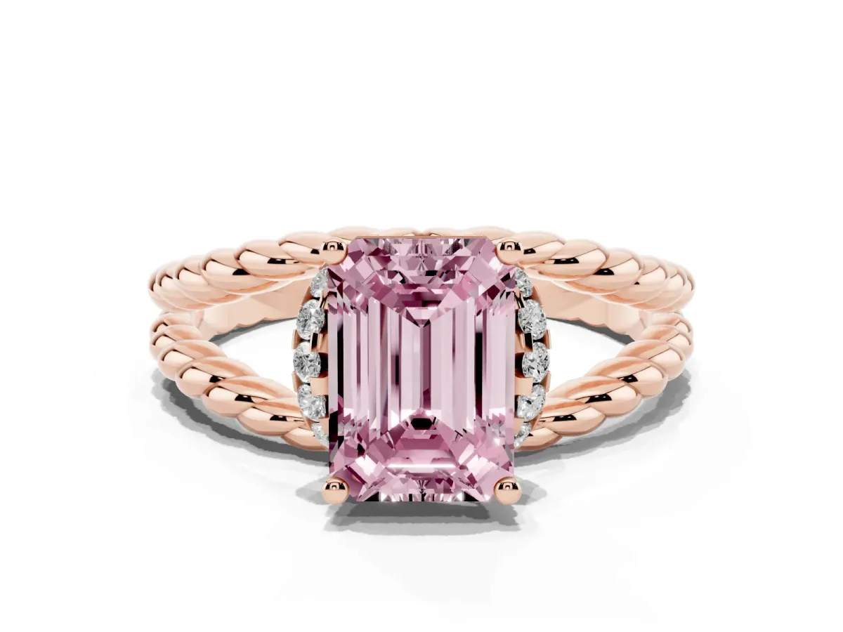 Fancy Pink Emerald Cut Halo Twisted Band Four-Prong Ring Rose gold
