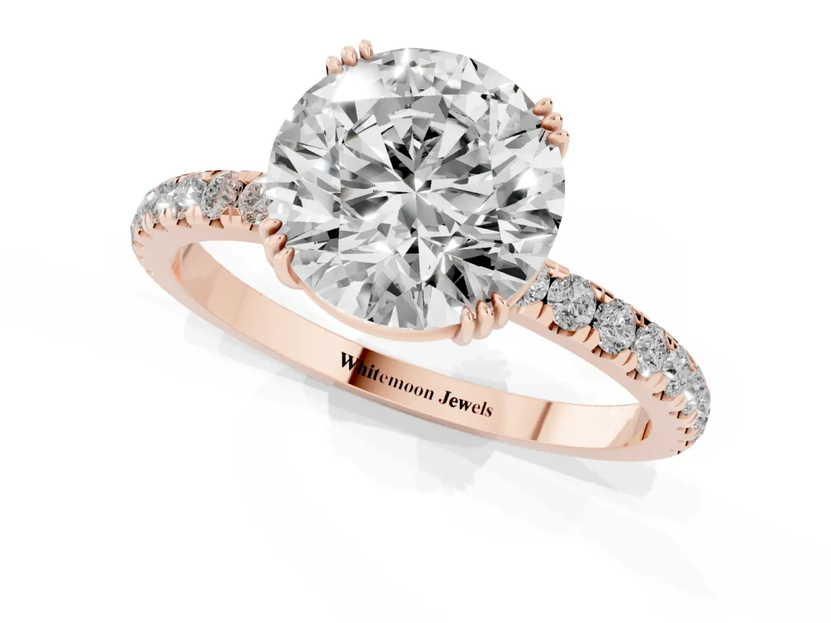 Round Cut Brilliant Solitaire with Pavé Band and Claw Prong Setting Rose gold