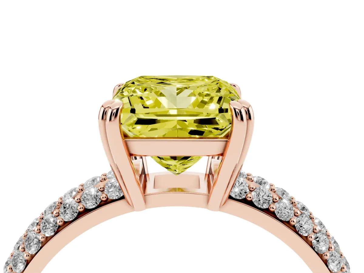 Fancy Yellow Princess Cut Diamond Solitaire Ring with Multi-Row Round Pavé Band and Prong Setting Rose gold