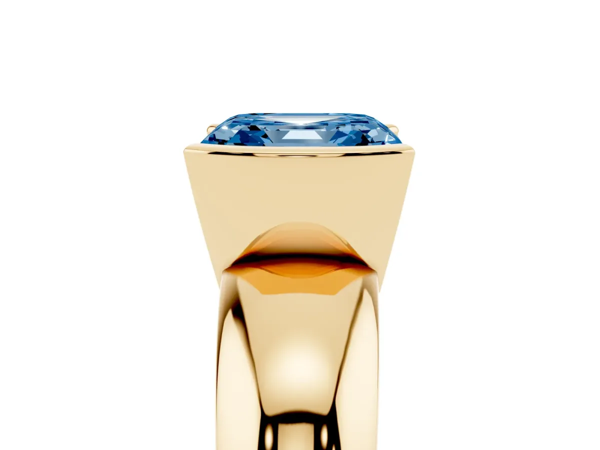 Fancy Blue Asscher Cut Solitaire Tension Set Diamond Ring with Wide Band Yellow gold