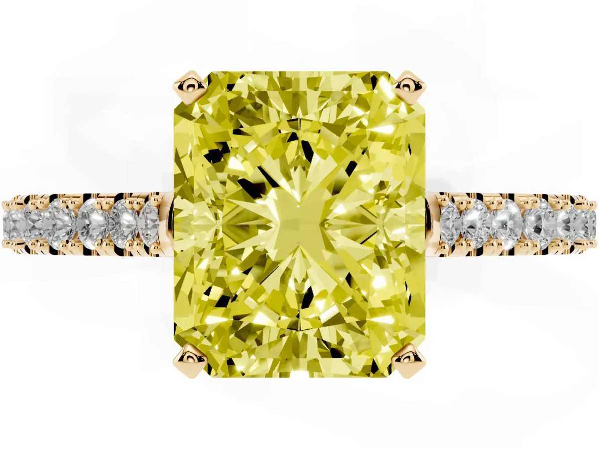Fancy Yellow Radiant Cut Cut Solitaire Diamond Engagement Ring with Pave Band and Four-Prong Setting Yellow gold