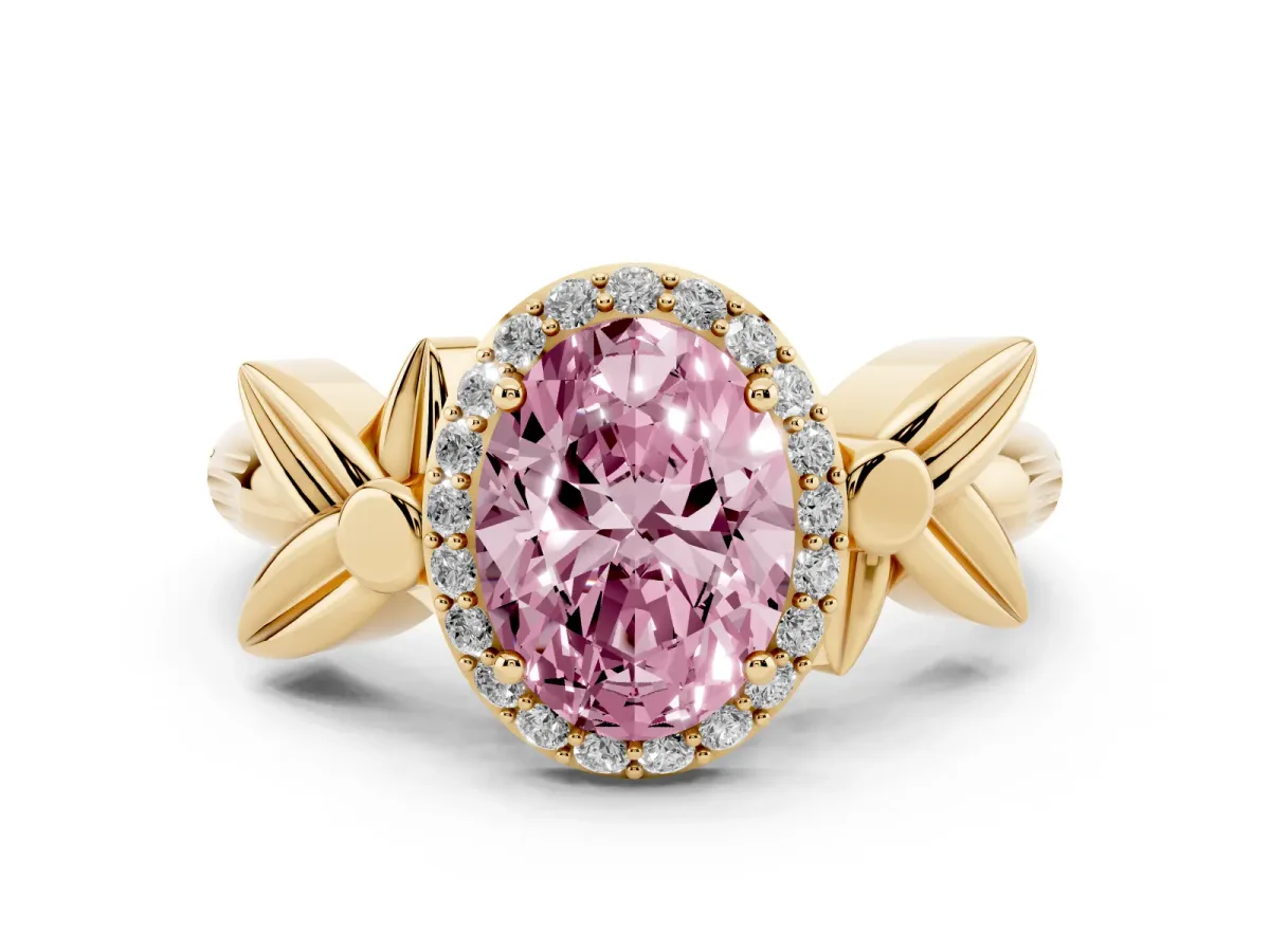 Fancy Pink Oval Cut Halo Diamond Floral Band with Four-Prong Setting Yellow gold