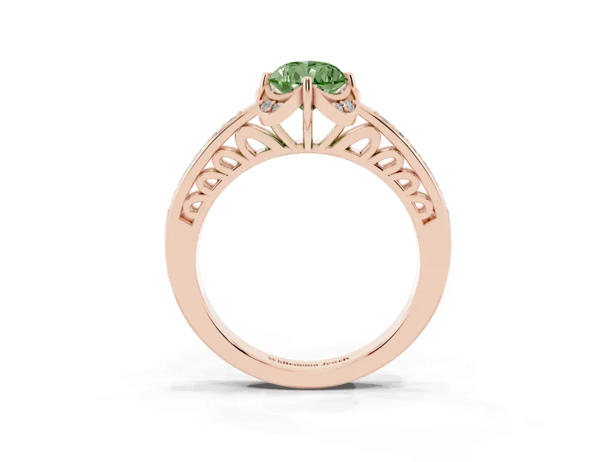 Fancy Green Pear Cut Cut Halo Diamond Ring with Channel Set Band and Four-Prong Setting Rose gold