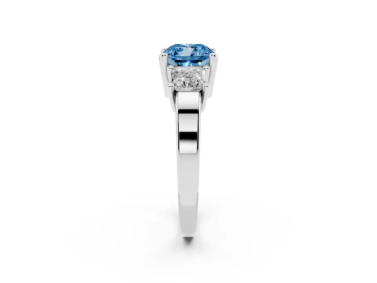 Fancy Blue Three-Stone Cushion Cut Cut Solitaire Ring with Prong Setting Platinum