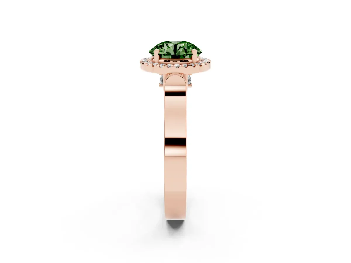 Fancy Green Round Cut Halo Round Diamond Twist Band with Four-Prong Setting Rose gold