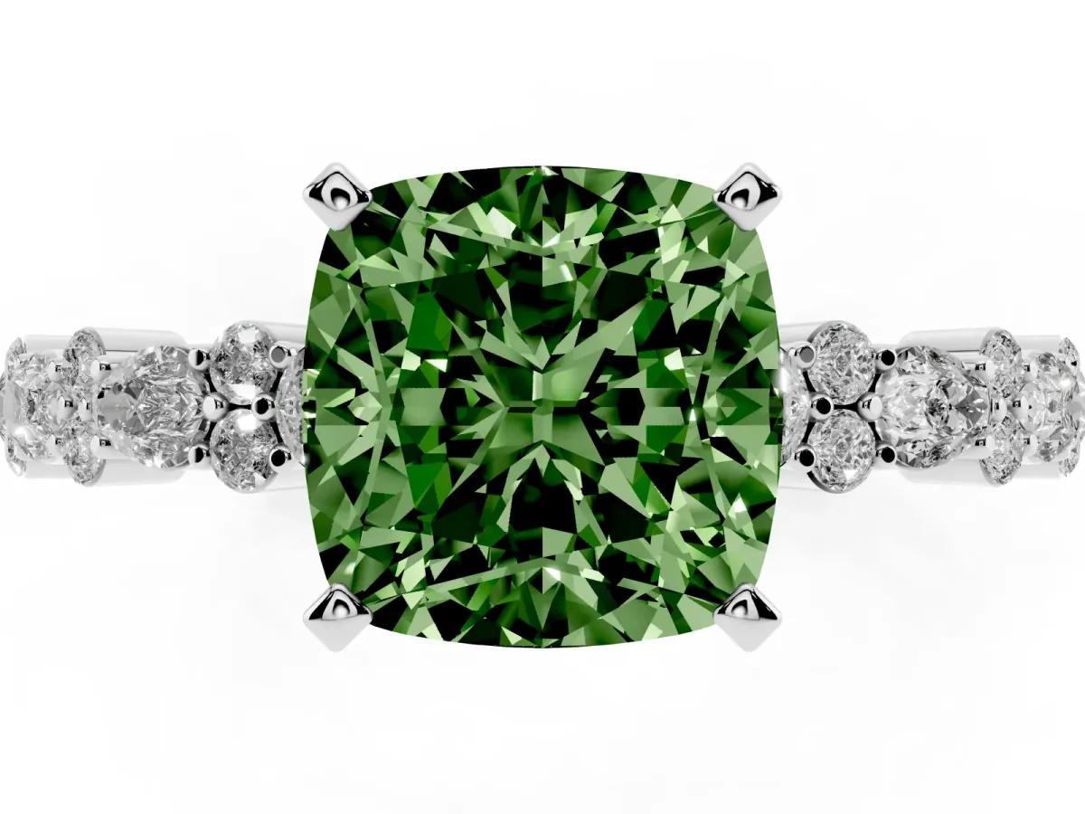 Fancy Green Cushion Cut Diamond Side Stone Solitaire Ring with Round and Four-Prong Setting Silver