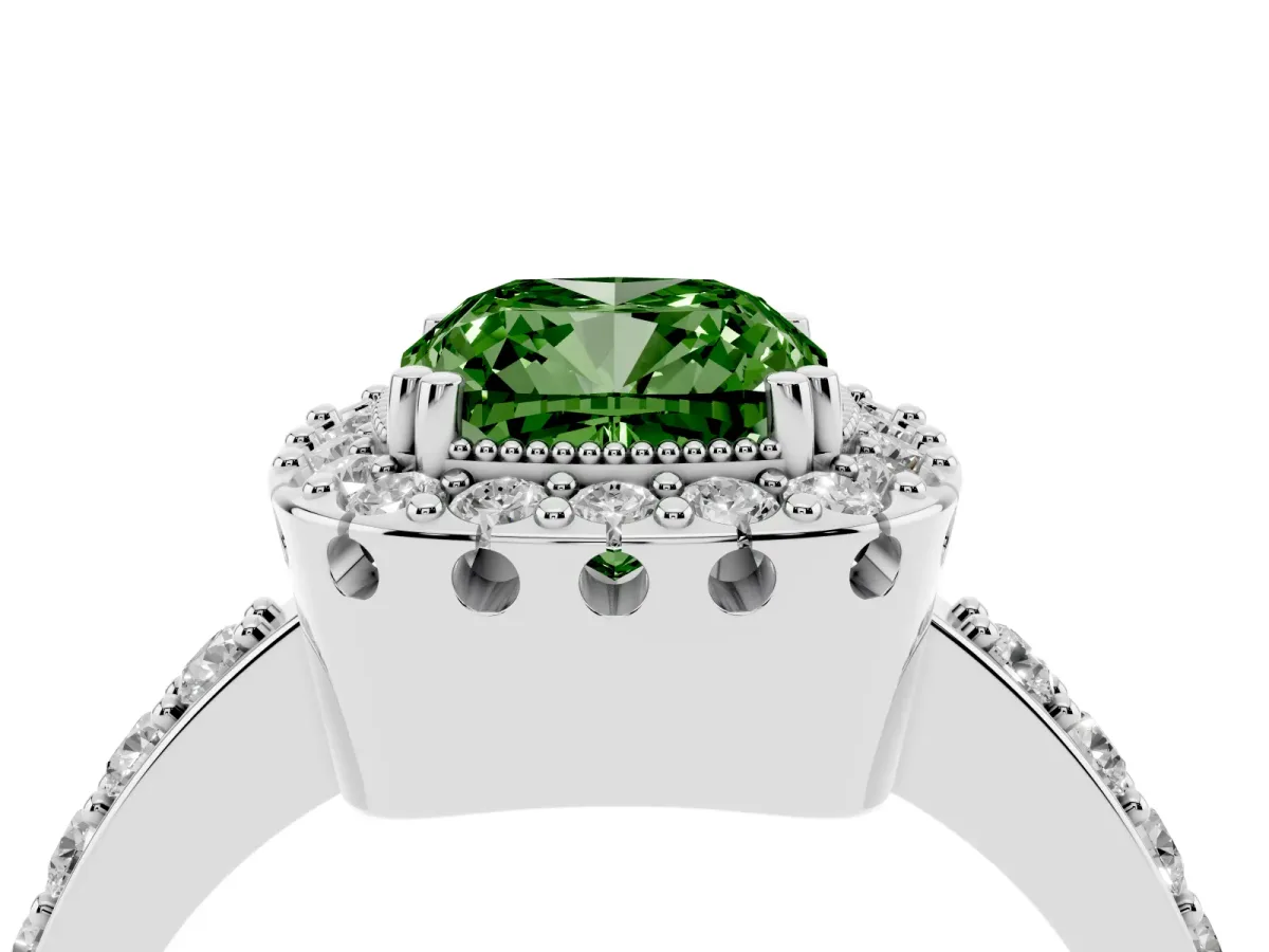 Fancy Green Cushion Cut Diamond Halo Ring with Pavé Band and Prong Setting Silver