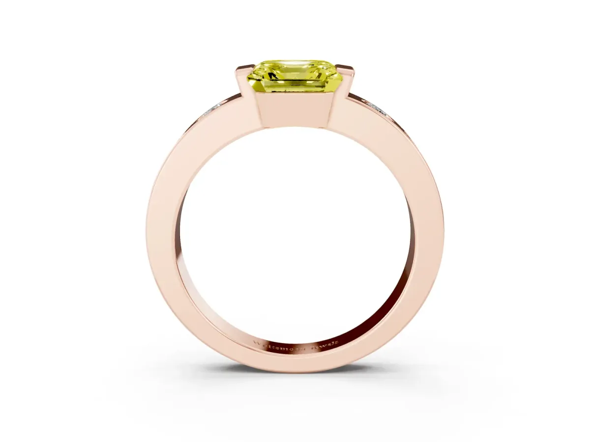 Fancy Yellow Asscher Cut Brilliant Channel-Set Diamond Ring with Bezel Prong Setting Rose gold