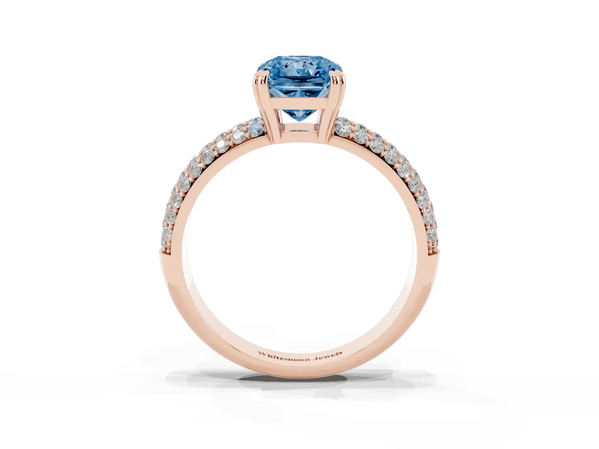 Fancy Blue Radiant Cut Diamond Solitaire Ring with Multi-Row Round Pavé Band and Prong Setting Rose gold