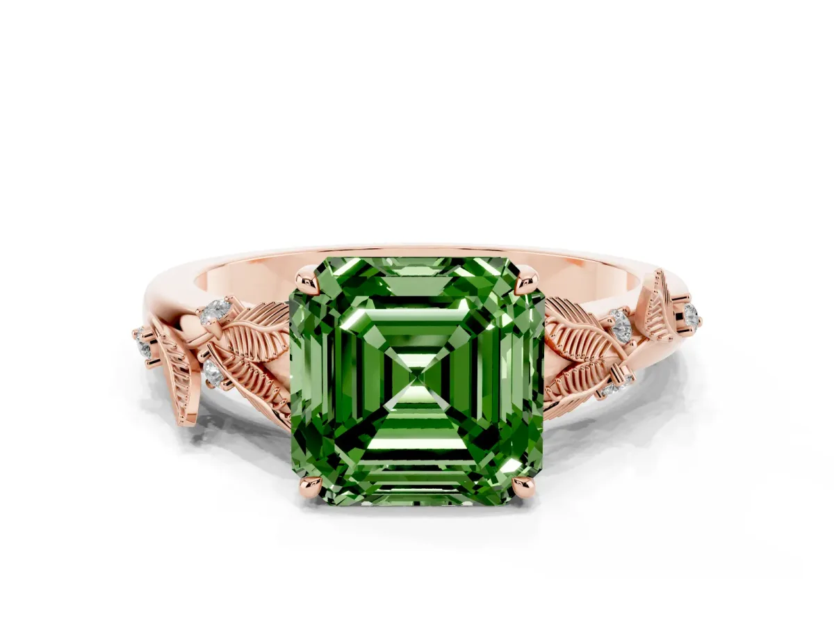 Fancy Green Asscher Cut Diamond Solitaire Ring with Leaf Motif Band and Four-Prong Setting Rose gold