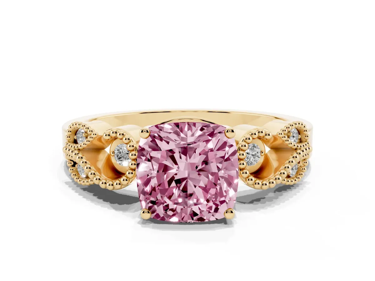 Fancy Pink Cushion Cut Solitaire Milgrain Leaf Band with Prong Setting Yellow gold