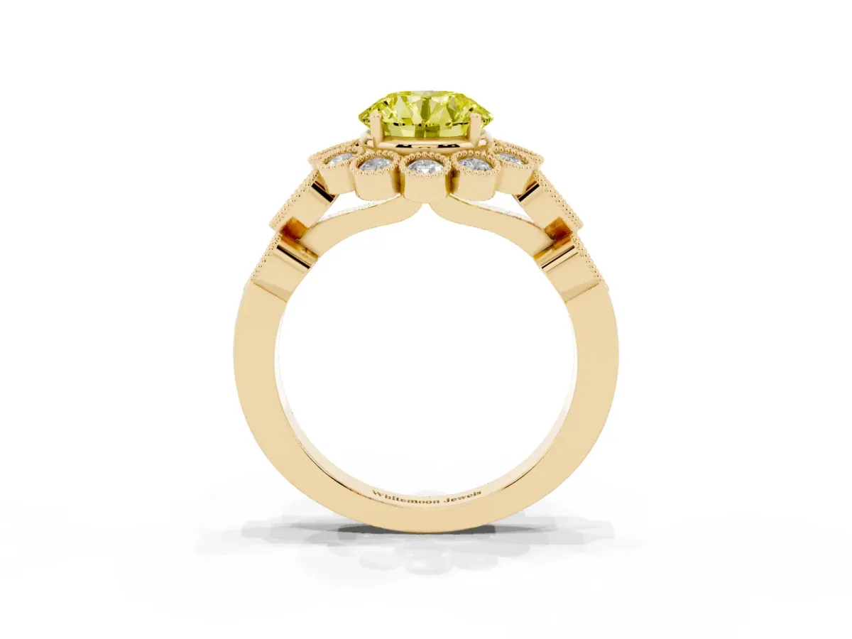 Fancy Yellow Round Cut Brilliant Milgrain Pave Heart Band Solitaire Ring Yellow gold