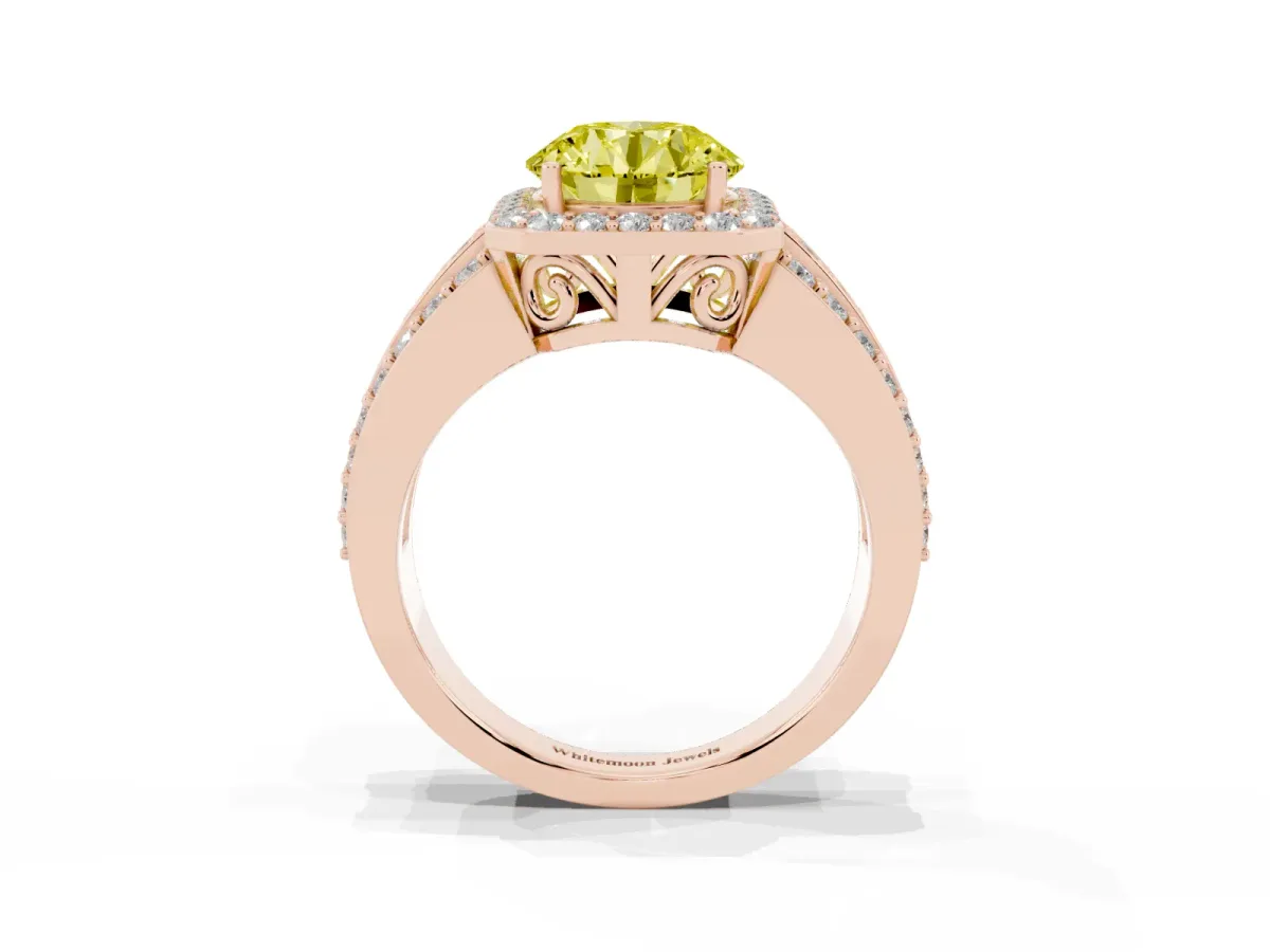 Fancy Yellow Round Cut Halo Diamond Ring with Round Split Shank and Prong Setting Rose gold