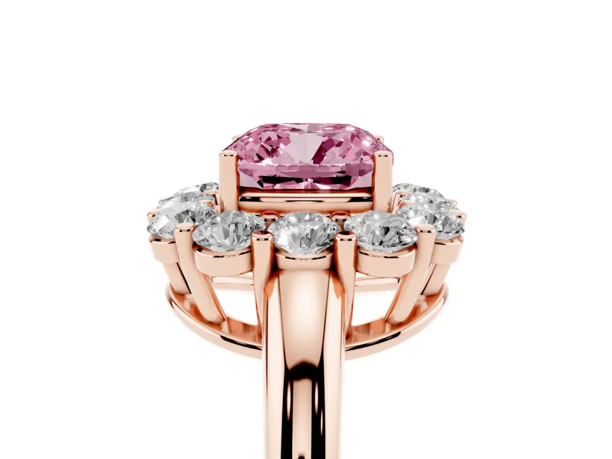 Fancy Pink Cushion Cut Halo Cluster Diamond Engagement Ring with Prong Setting and Polished Band Rose gold