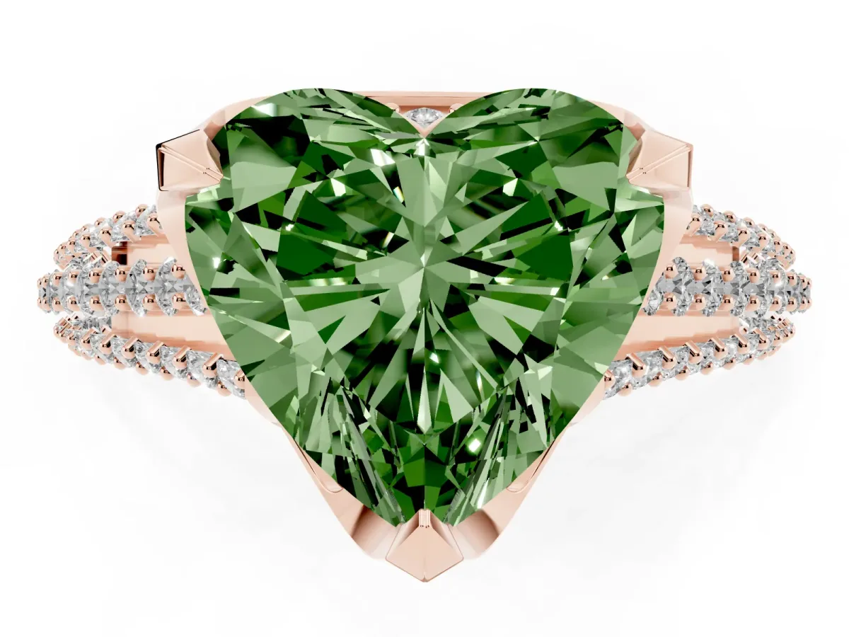 Fancy Green Heart Cut Solitaire Pave Split Shank Ring with Four-Prong Setting Rose gold