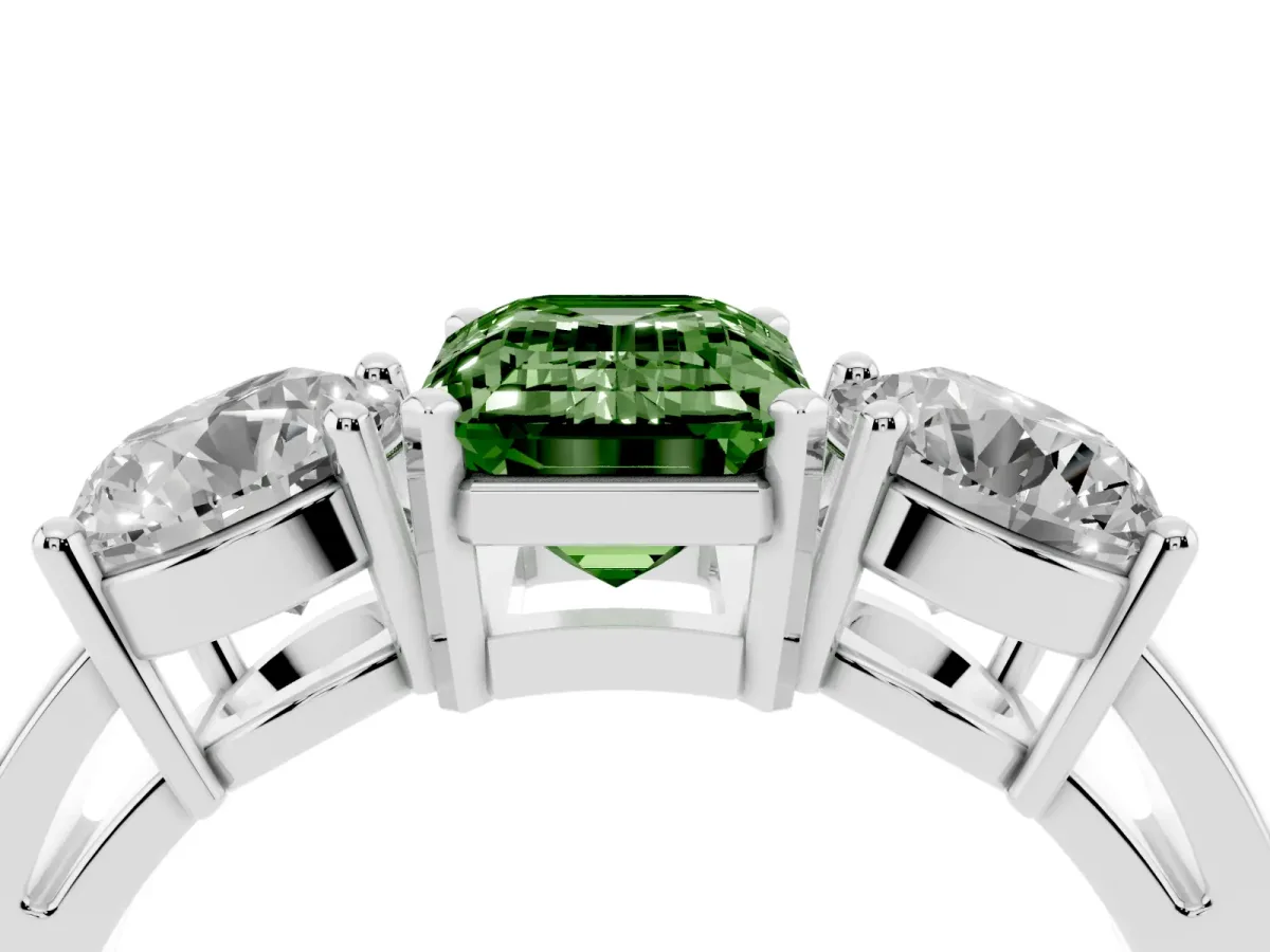 Fancy Green Three-Stone Emerald Cut Diamond Ring with Round Side Stones, Classic Band, and Four-Prong Setting Silver