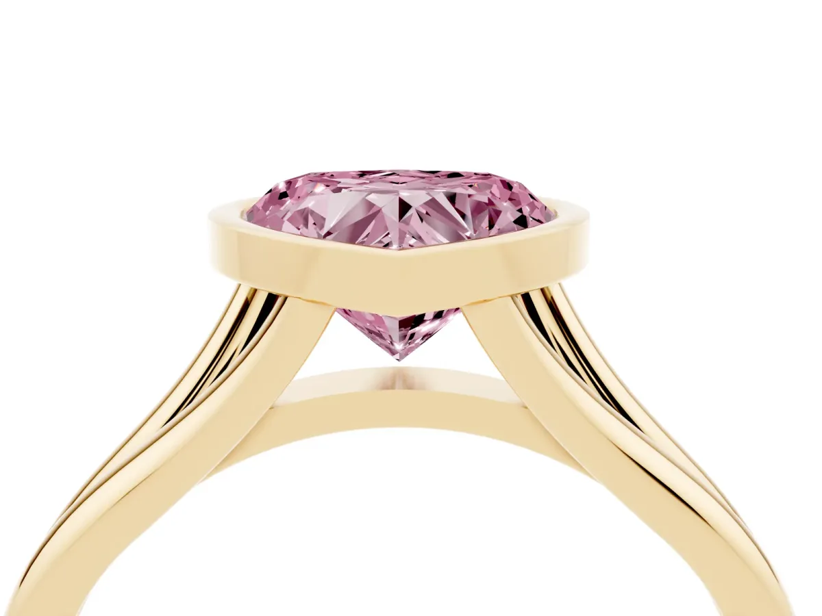 Fancy Pink Bezel Set Heart Cut Cut Solitaire Ring with Tapered Band Yellow gold
