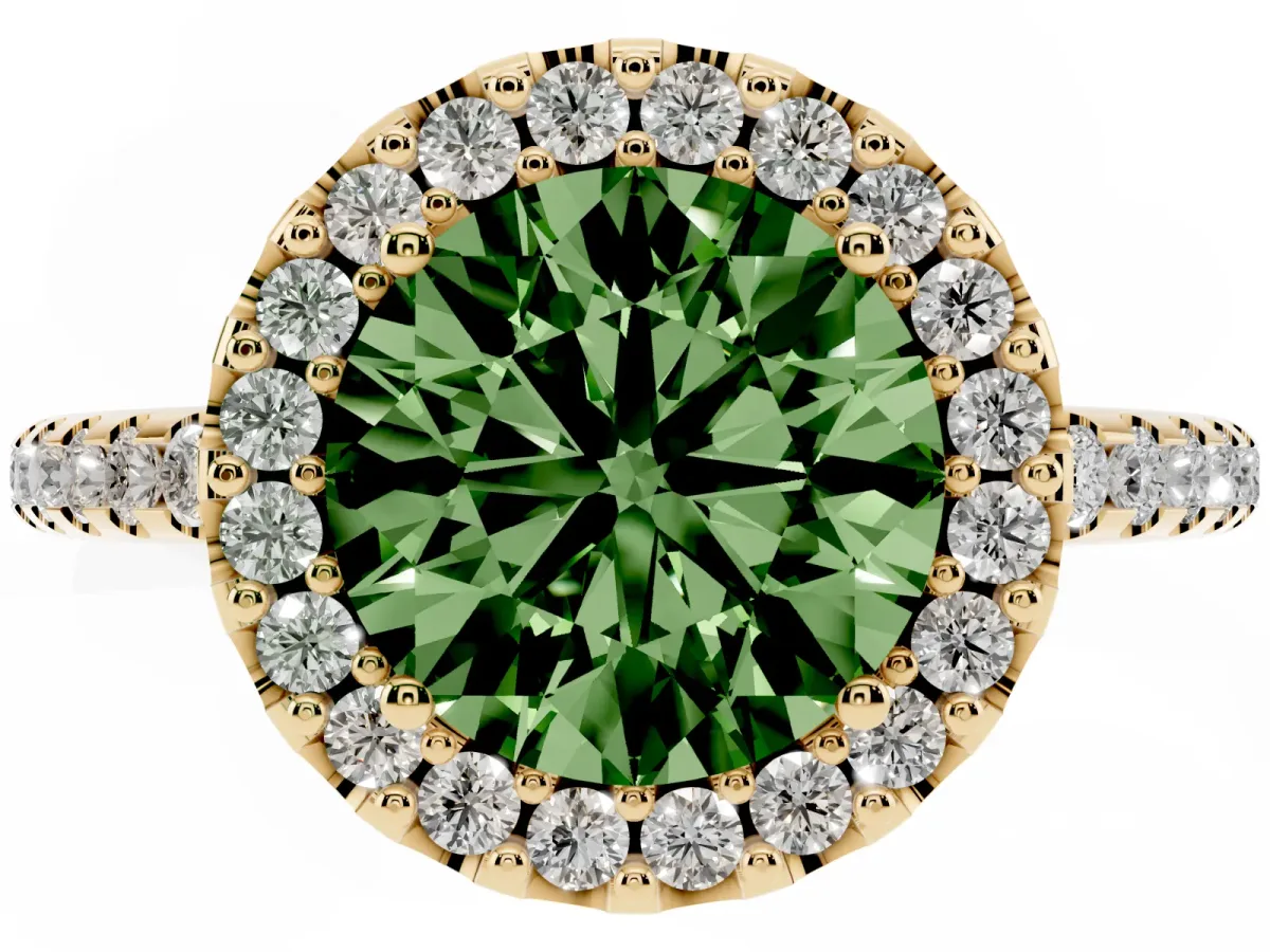 Fancy Green Round Cut Diamond Pavé Halo Ring with Four-Prong Setting Yellow gold