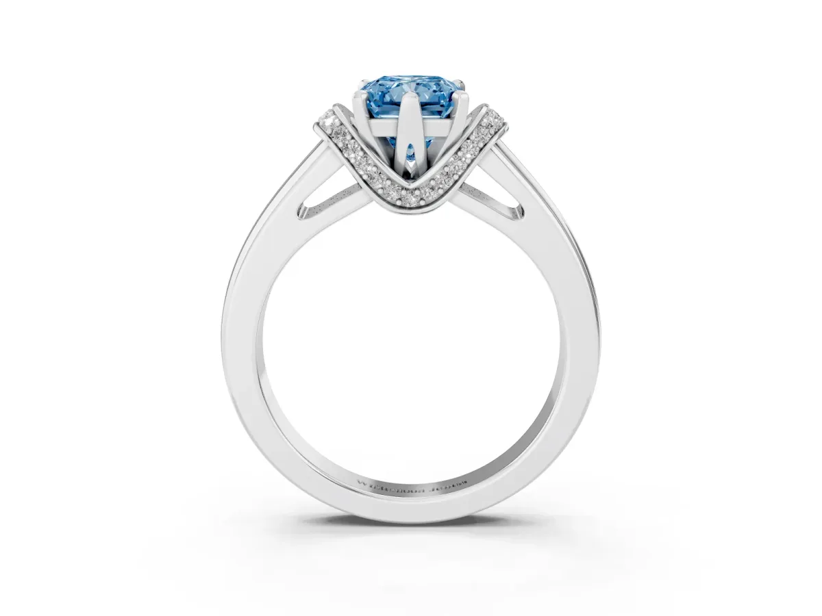 Fancy Blue Radiant Cut Solitaire Diamond Ring with Pave Band and Six-Prong Setting Silver