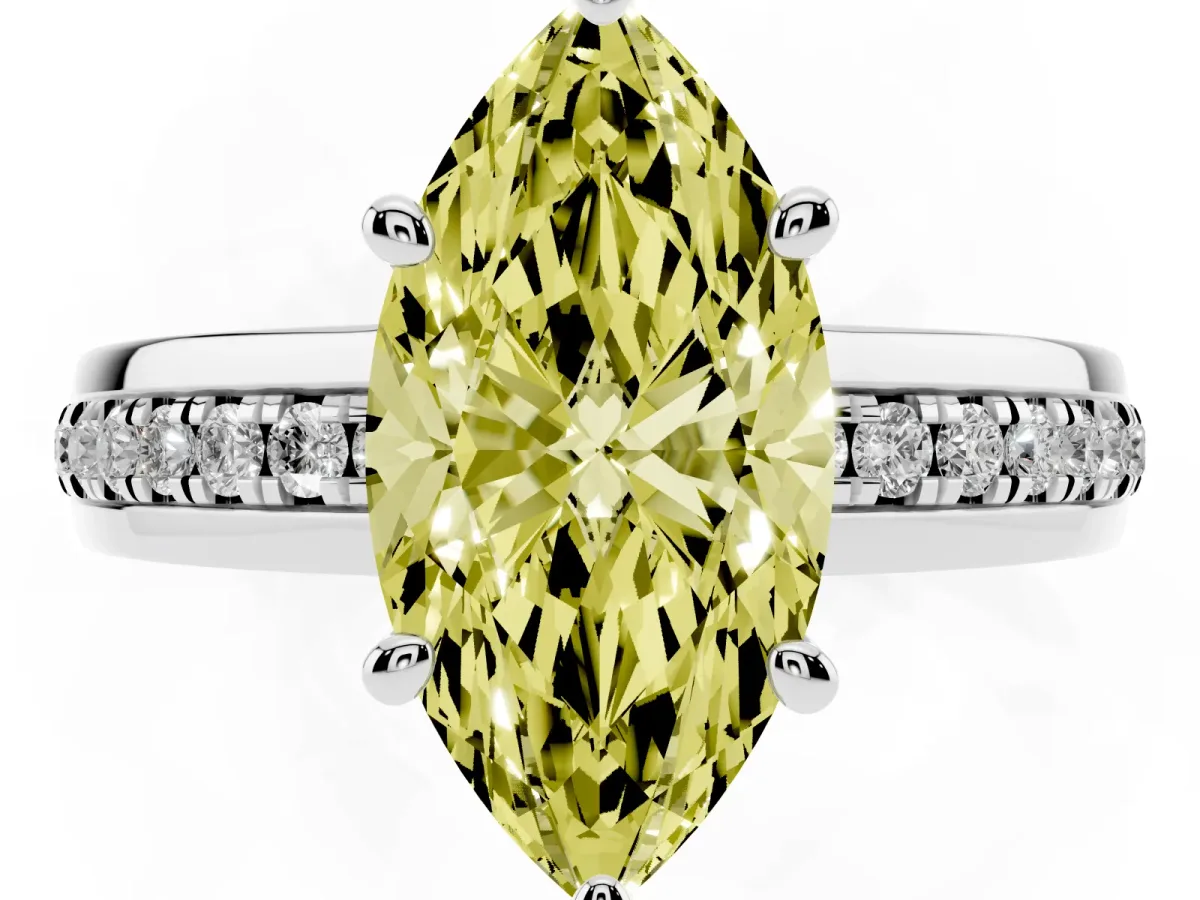 Fancy Yellow Marquise Cut Solitaire Diamond Ring with Channel Set Band and Six-Prong Setting White gold