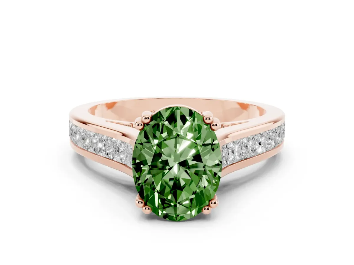Fancy Green Oval Cut Cut Channel Set Solitaire Engagement Ring with Prong Setting Rose gold