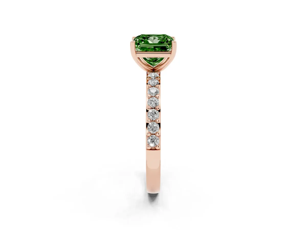 Fancy Green Princess Cut Cut Diamond Solitaire with Pave Band and Four-Prong Setting Rose gold