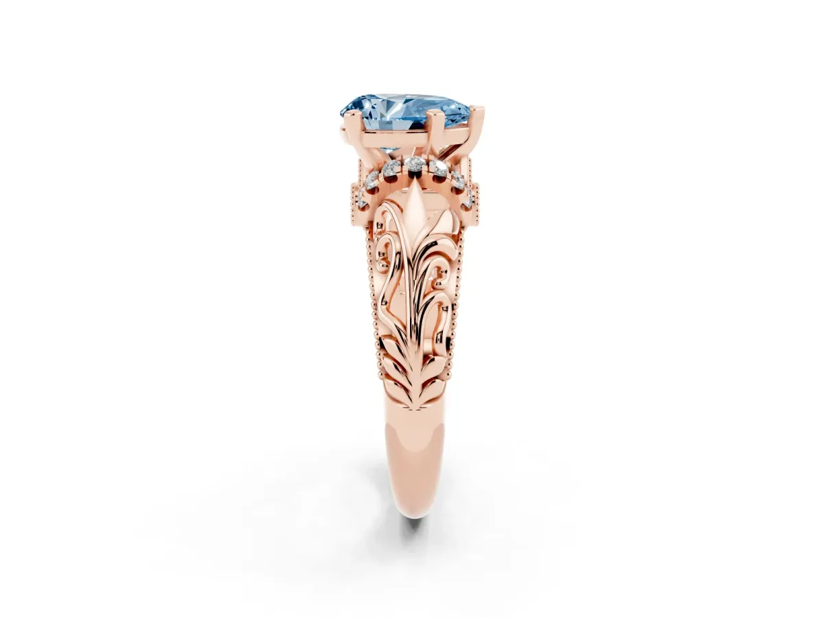 Fancy Blue Pear Cut Solitaire Filigree Engagement Ring with Halo and Prong Setting Rose gold