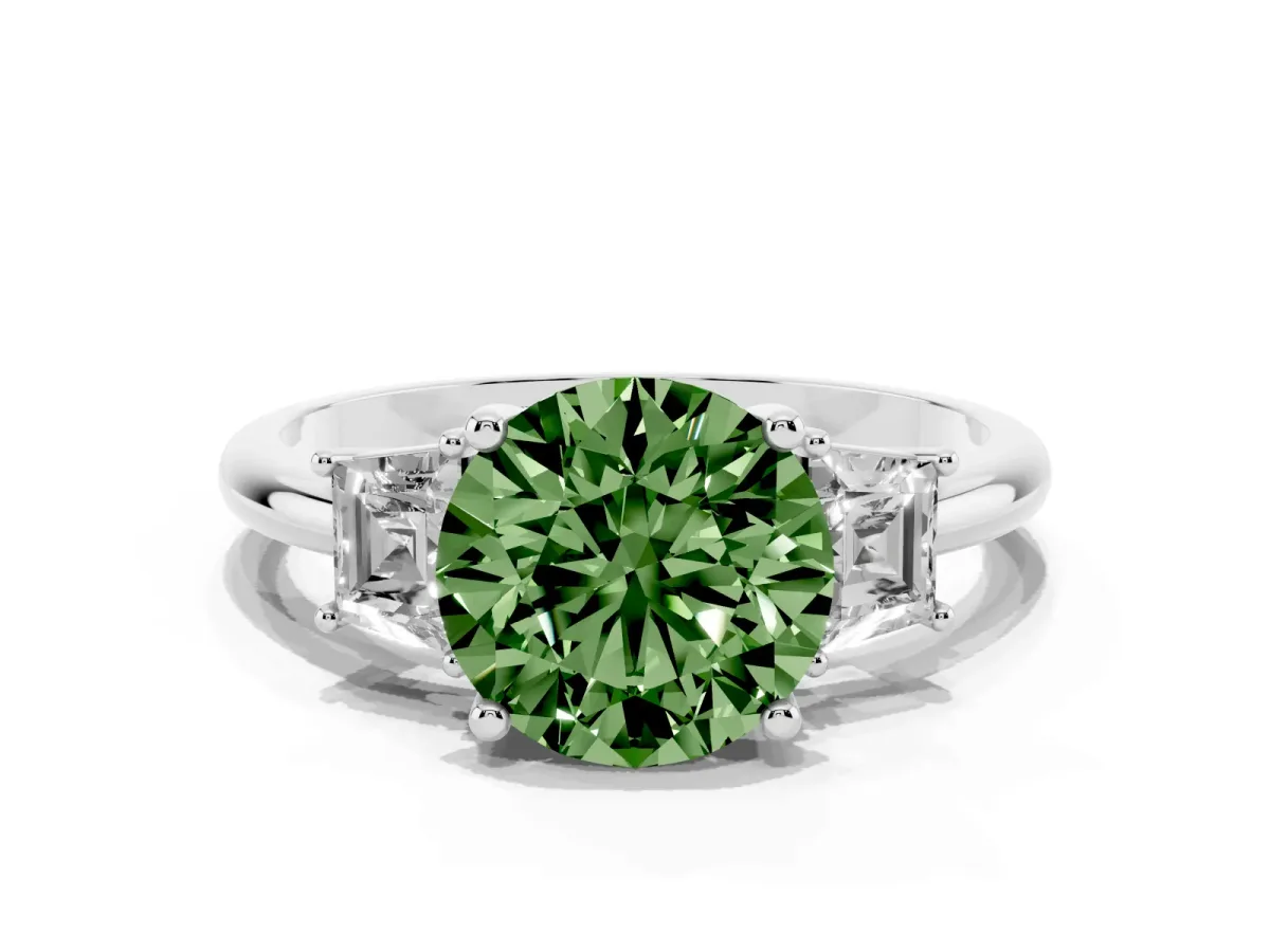 Fancy Green Round Cut Diamond Three-Stone Ring with Trapezoid Side Stones and Prong Setting Silver