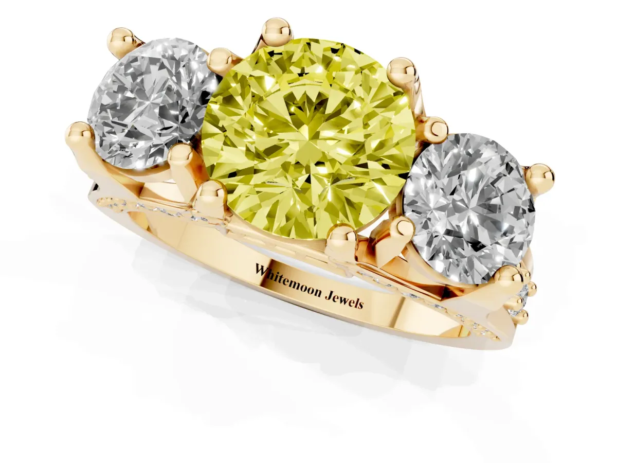 Fancy Yellow Round Cut Diamond Three-Stone Ring with Channel Set Band and Four-Prong Setting Yellow gold