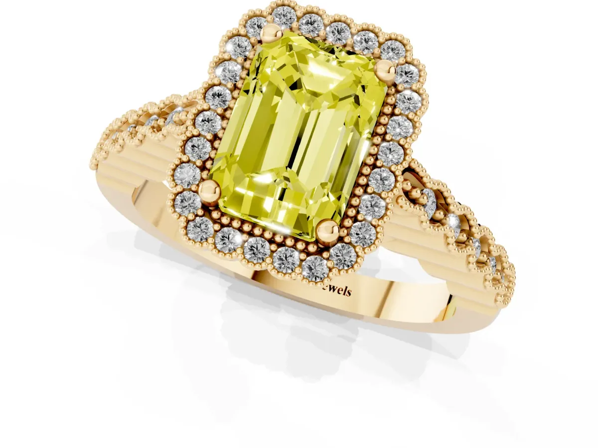 Fancy Yellow Radiant Cut Cut Halo Pavé Solitaire Ring with Milgrain Band Yellow gold