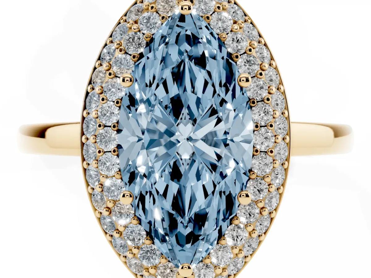 Fancy Blue Marquise Cut Halo Diamond Engagement Ring with Solitaire Band and Four-Prong Setting Yellow gold
