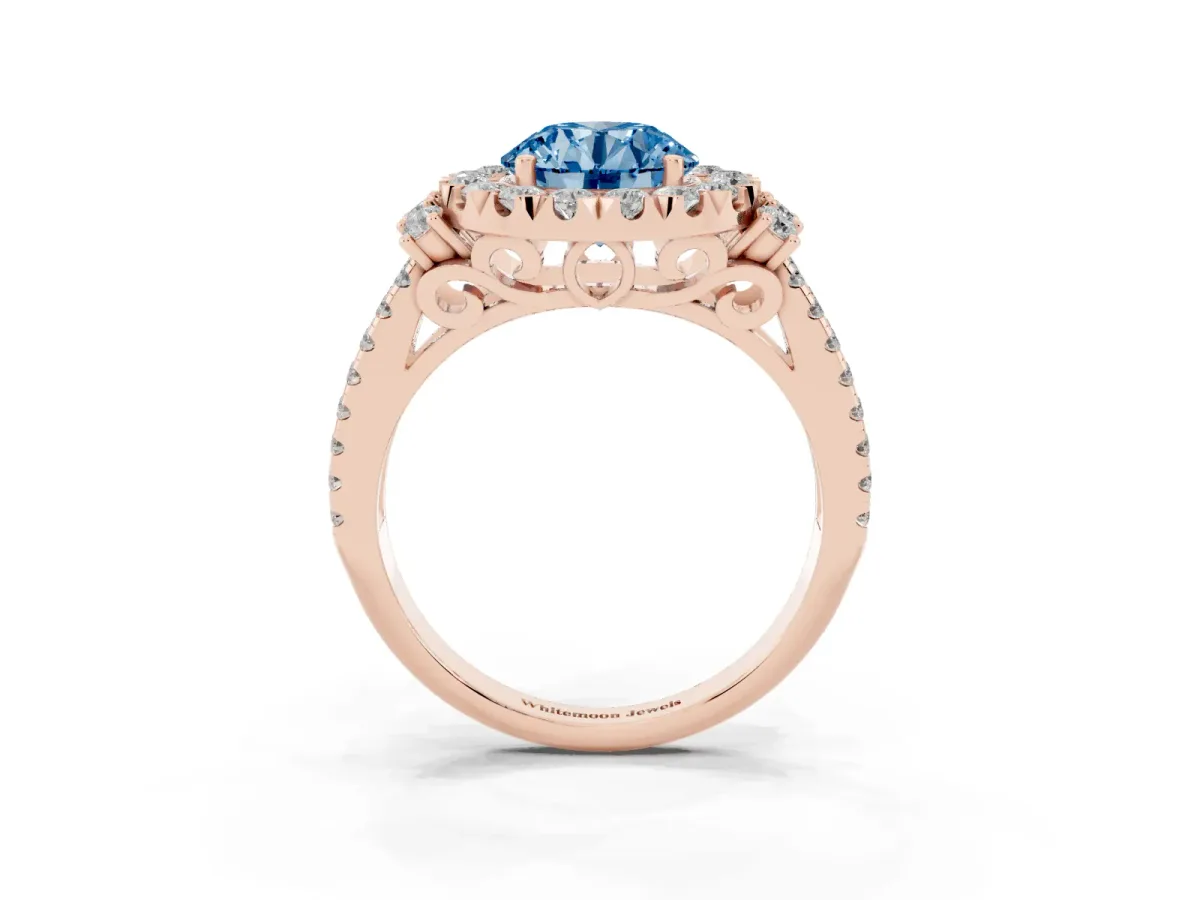 Fancy Blue Round Cut Cut Double Halo Diamond Engagement Ring with Pave Band and Four-Prong Setting Rose gold