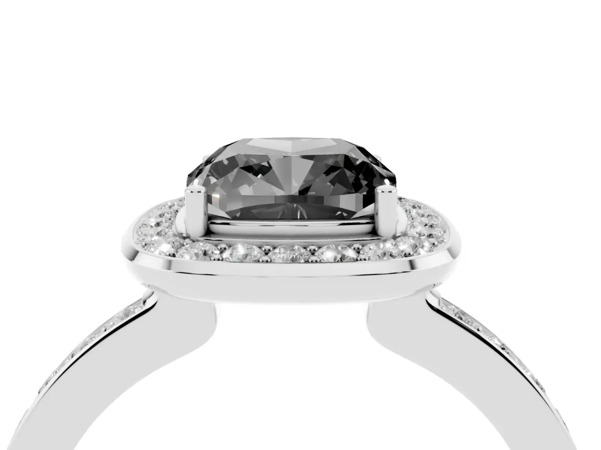 Fancy Black Cushion Cut Diamond Halo Ring with Bezel Frame and Pavé Band Silver