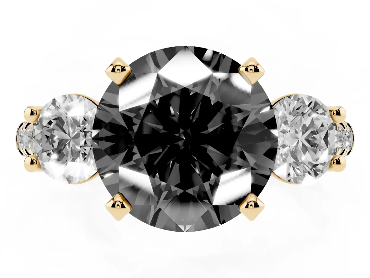 Fancy Black Three-Stone Round Cut Diamond Pavé Band with Four-Prong Setting Yellow gold