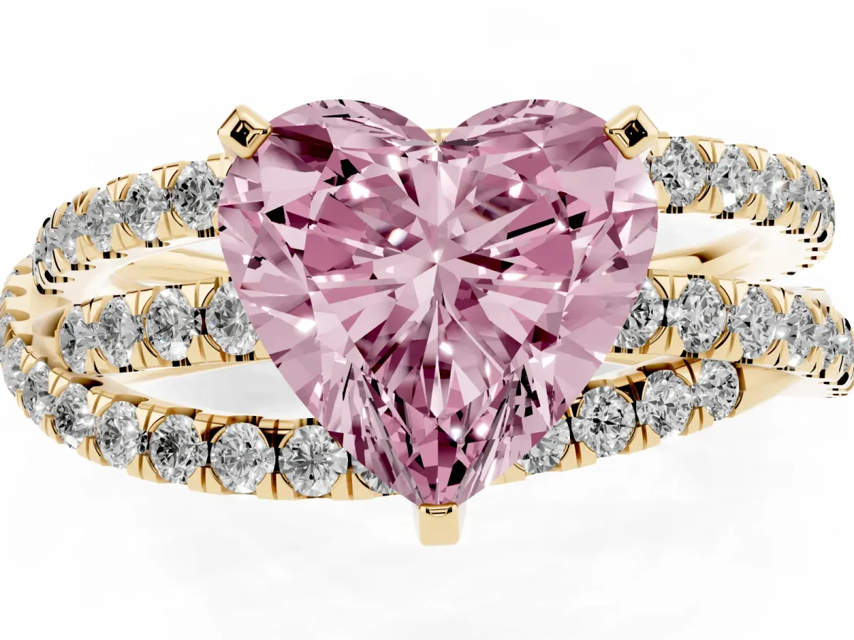Fancy Pink Heart Cut Solitaire Twist Band with Pavé Setting and Four-Prong Setting Yellow gold