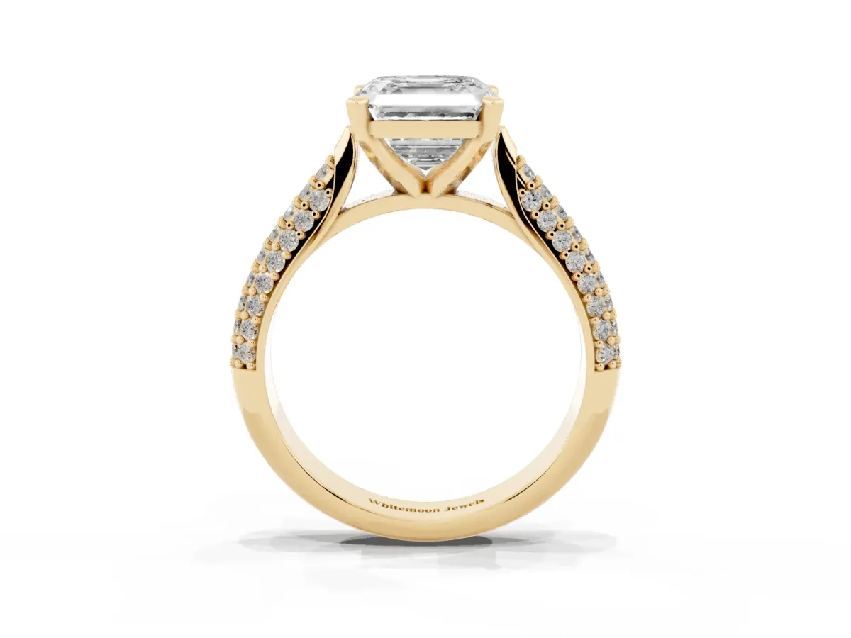 Asscher Cut Diamond Solitaire Engagement Ring with Multi-Row Round Pavé Band and Prong Setting Yellow gold
