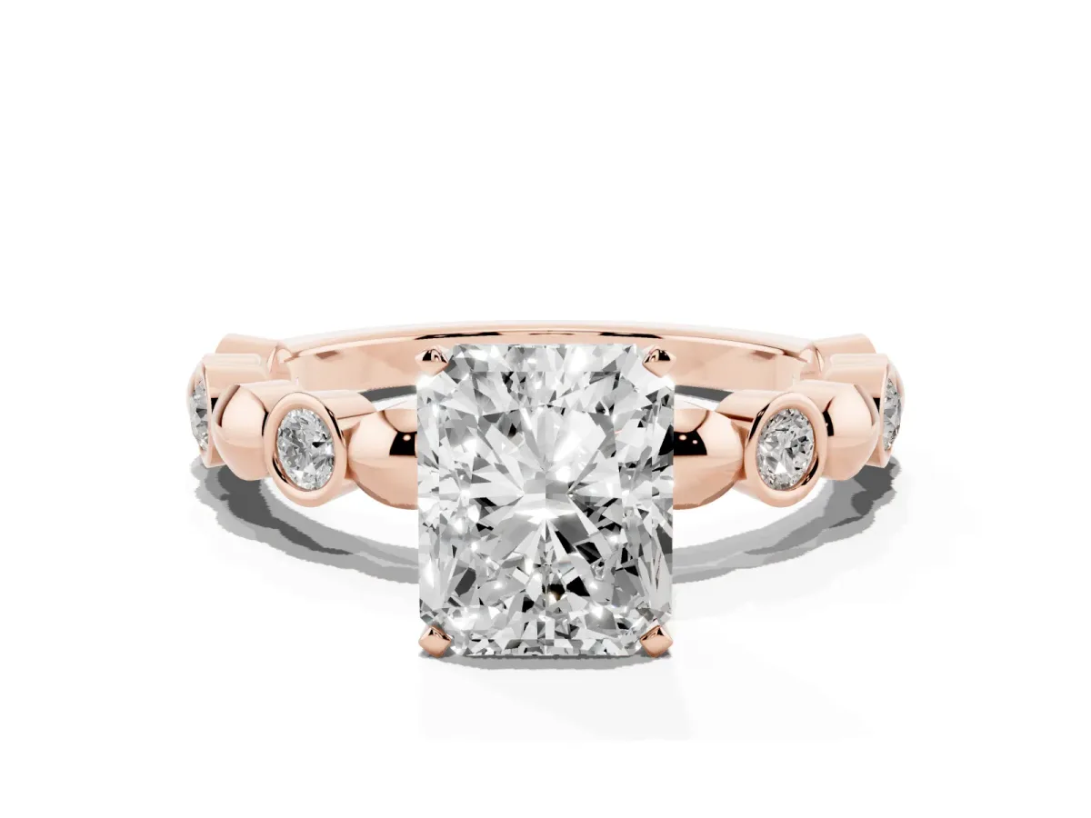 Radiant Cut Solitaire Bezel-Set Diamond Ring with Beaded Band and Four-Prong Setting Rose gold