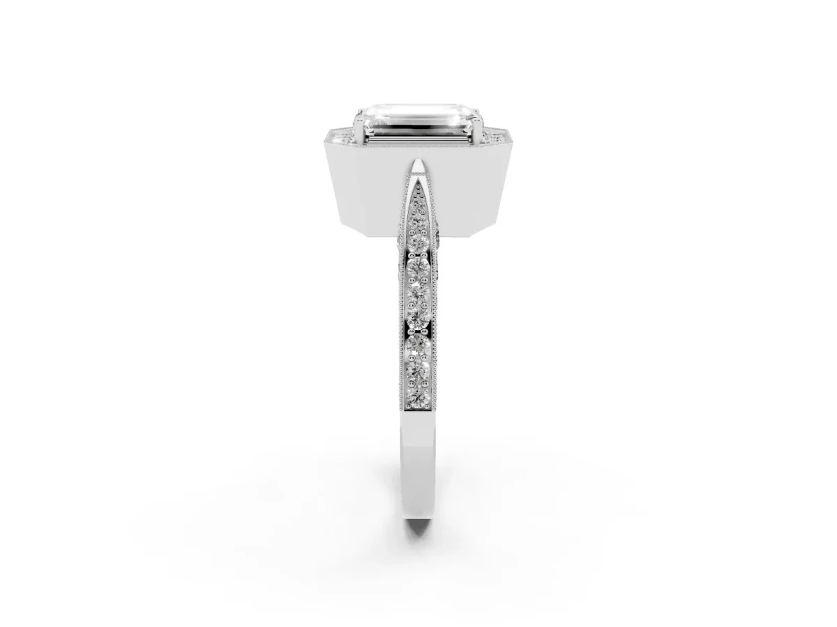 Emerald Cut Halo Diamond Engagement Ring with Split Shank Band and Four-Prong Setting Platinum