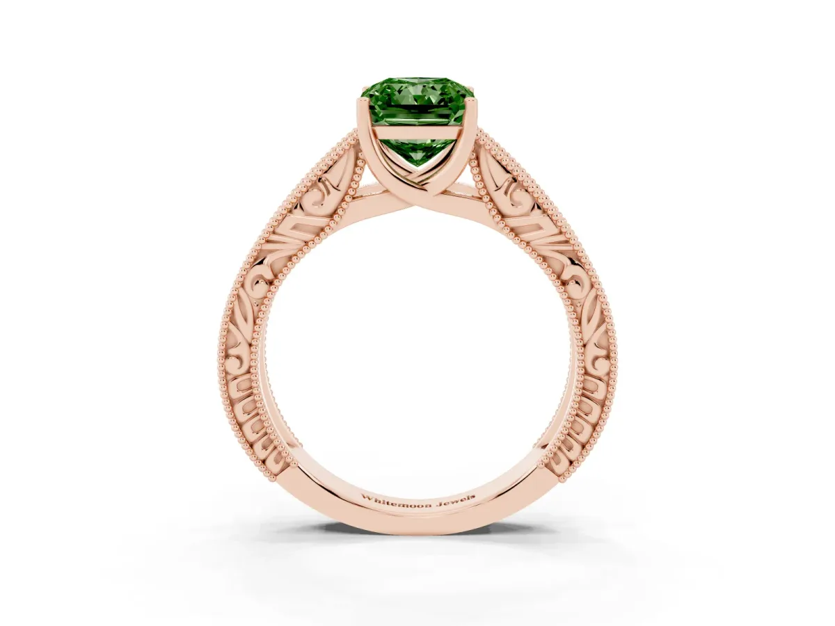 Fancy Green Radiant Cut Diamond Solitaire Ring with Engraved Band and Four-Prong Setting Rose gold